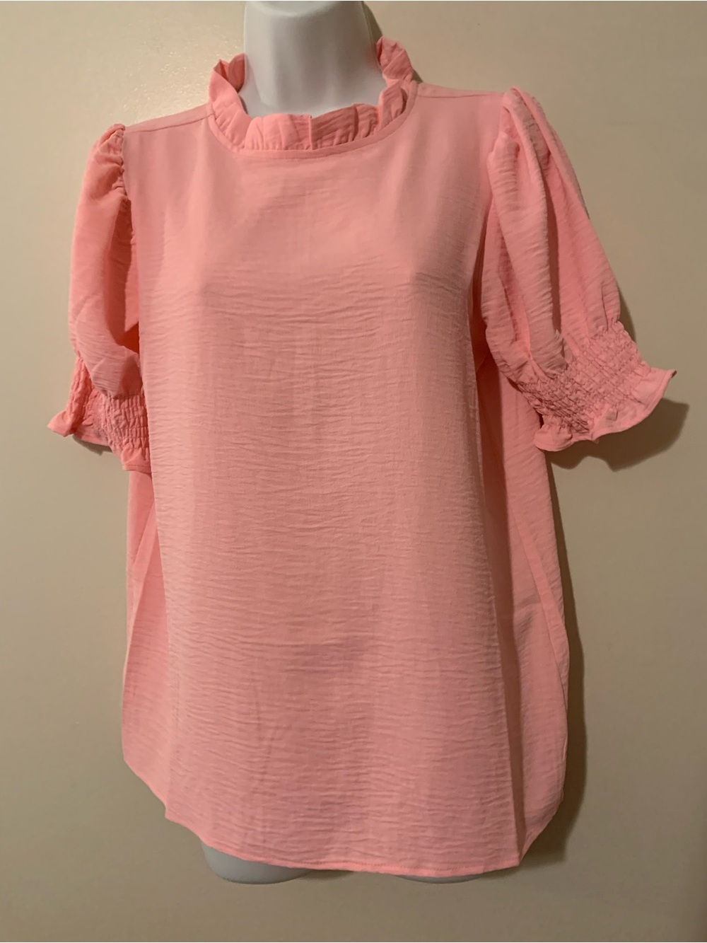Zenana Outfitters Peach Pink Ruffle Neck Puff Sleeve Top